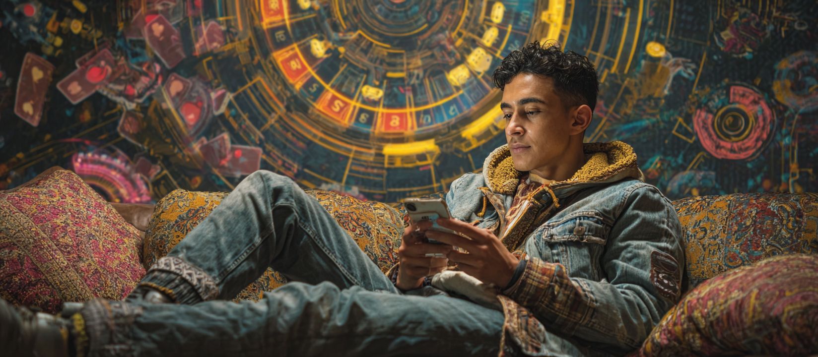 A guy in a denim suit is lying down with his phone in the background of the casino visualisation - the BG33 mobile app in action.