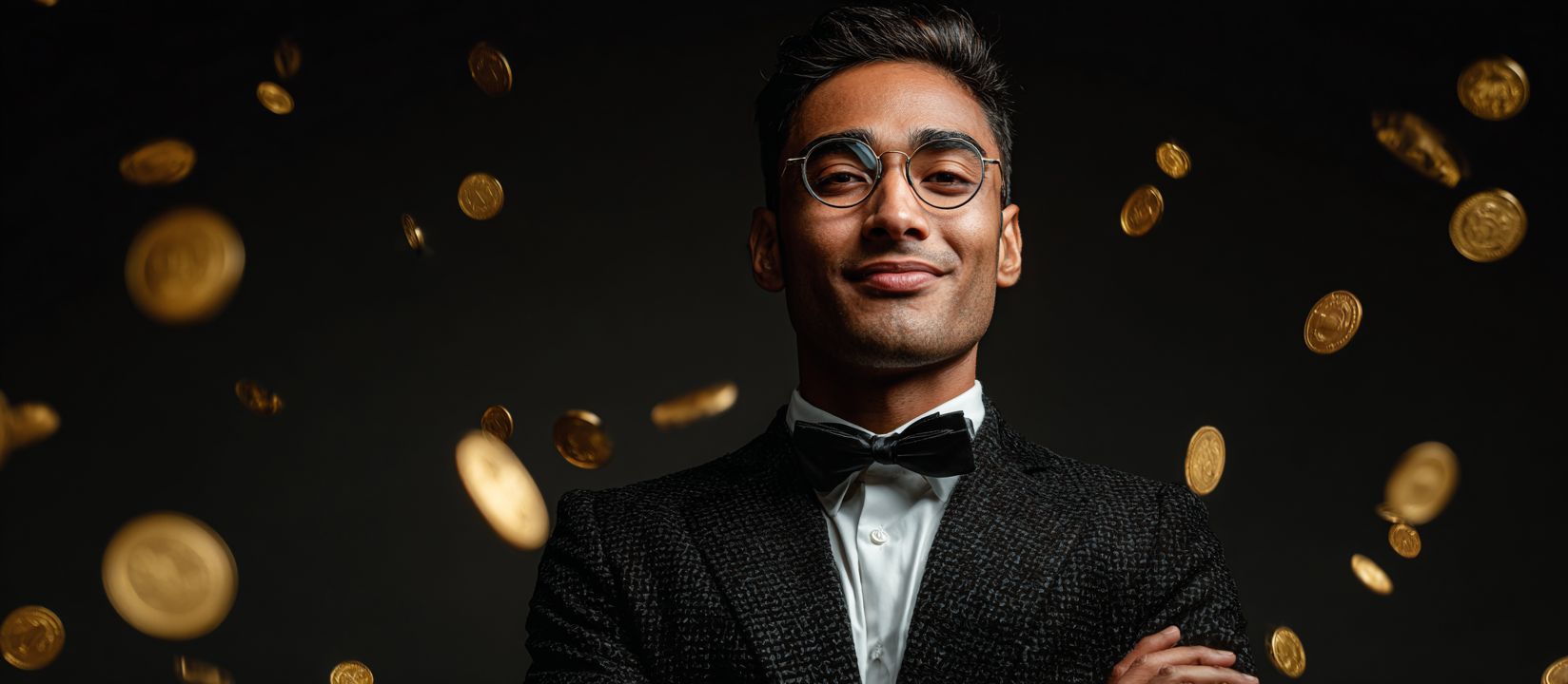 A confident man in a dinner jacket with coins around him on a black background - an elite BG33 casino atmosphere.