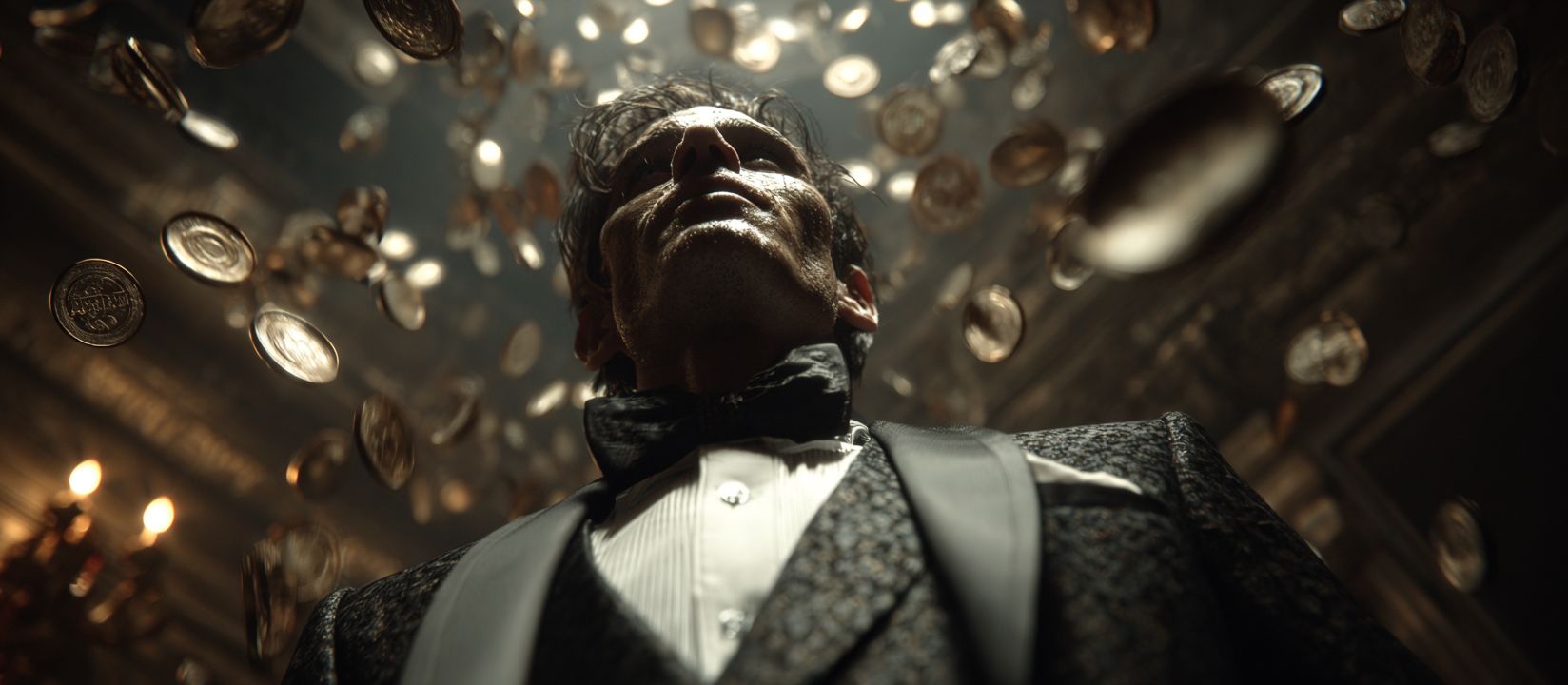 A man in a dinner jacket amidst falling gold coins is a symbol of luxury and winning in BG33 casino games.