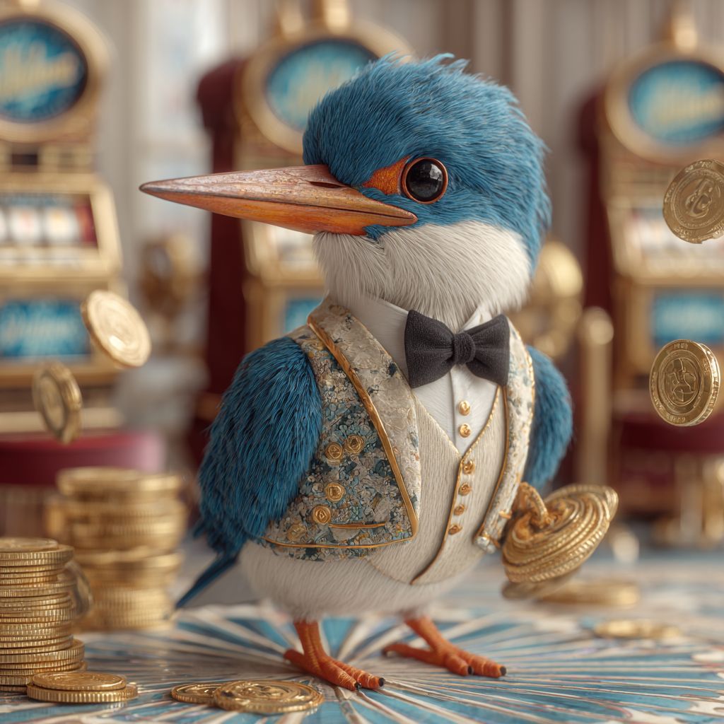 Hummingbird in a luxurious waistcoat and bowtie amongst the gold coins and slot machines at BG33 Casino.