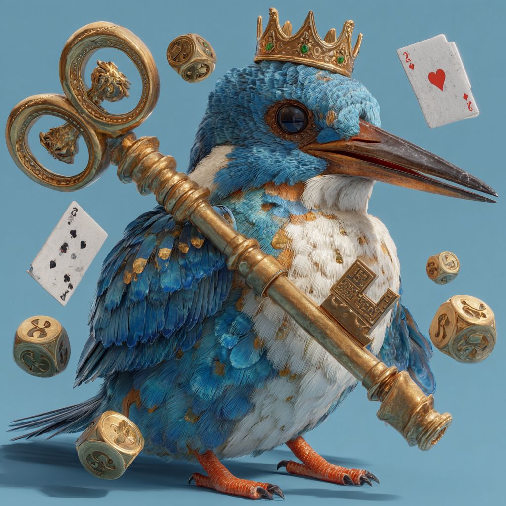 A male bird wearing a crown and holding a golden key surrounded by game elements is the symbol for logging into BG33's personal account.