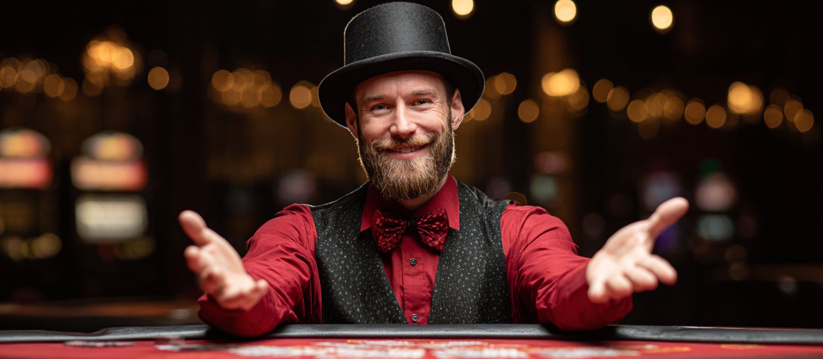 A smiling croupier in a cylinder invites you to play - comfortable and secure login to BG33 personal account.