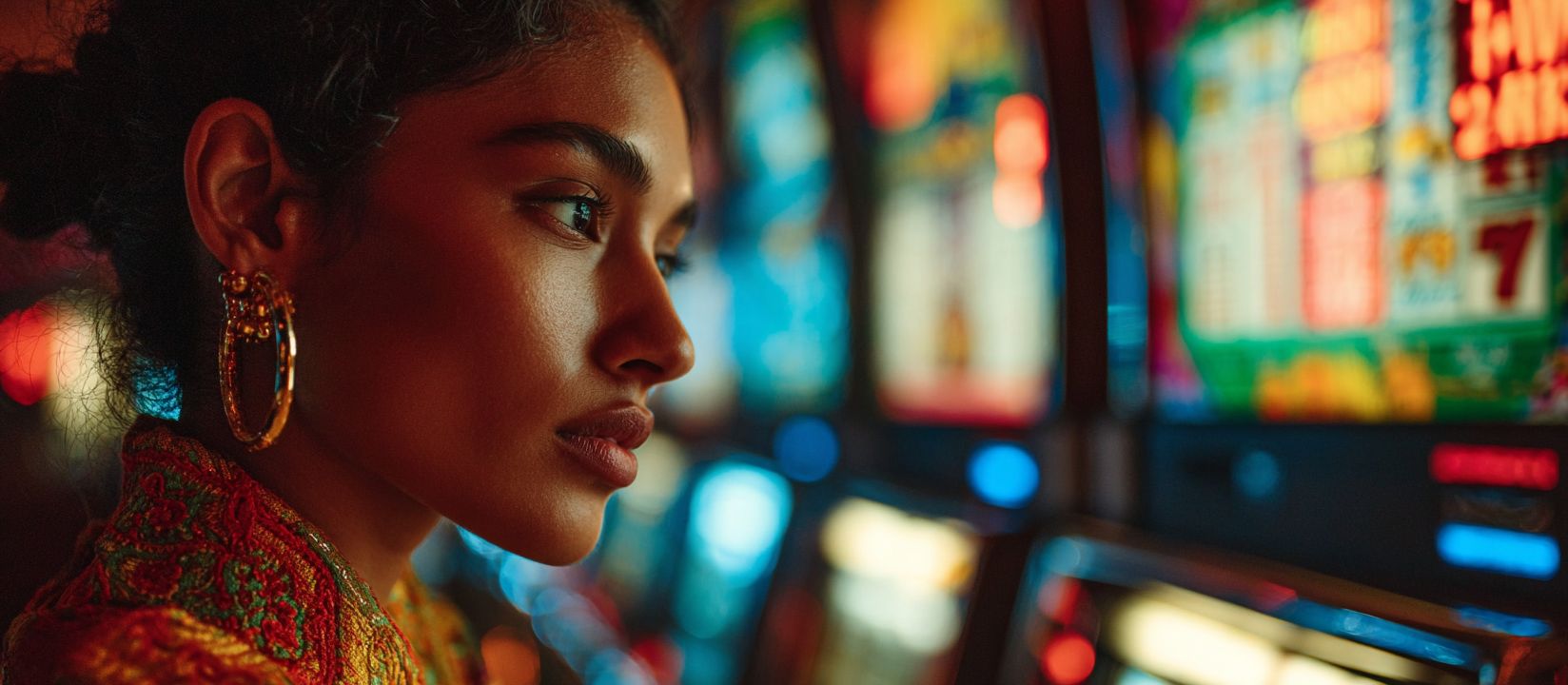 A young woman stares at the screen of a slot machine - an atmospheric moment from the BG33 casino hall.