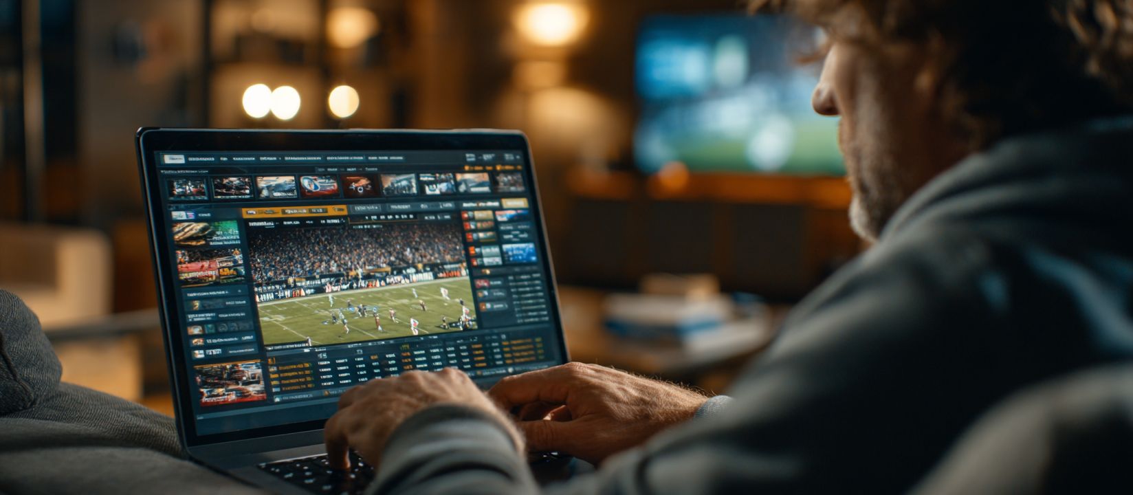 Man bets on sporting events via laptop - BG33 sports betting section.